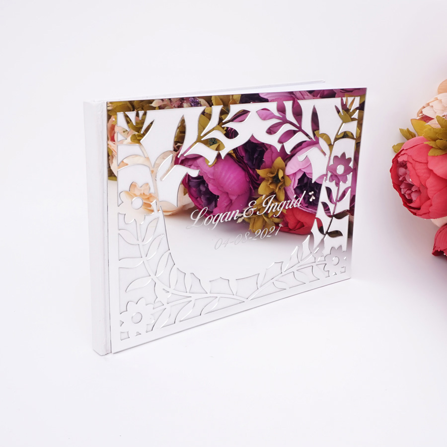 Personalized Guest Book - Luxuriöses Hohles Blumen-Spiegel-Acryl Hochzeits-Gästebuch Personalisiertes Namen-