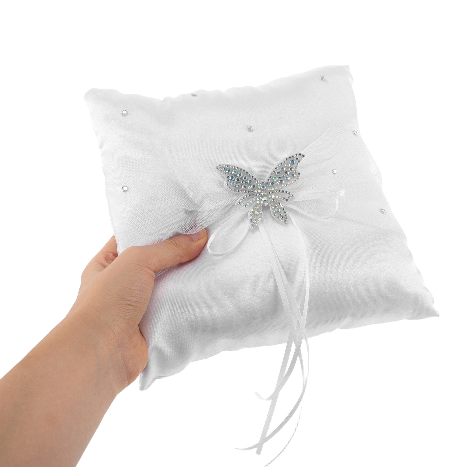 Ring Bearer Pillow - Hochzeitsringkissen aus weißem Satin mit Strass-Schleife