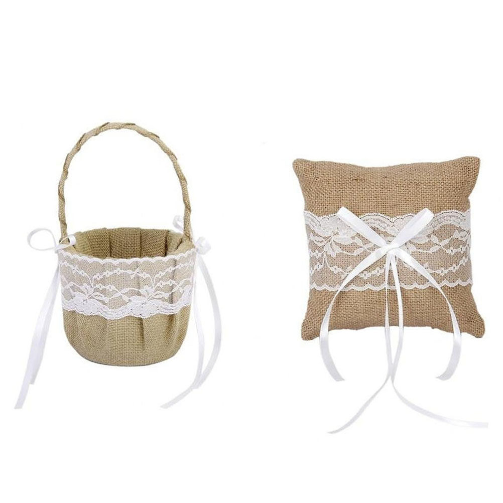 Ring Bearer Pillow - Set aus 6 Jute-Spitzen-Blumenkörben, Ringträgerkissen, rustikale